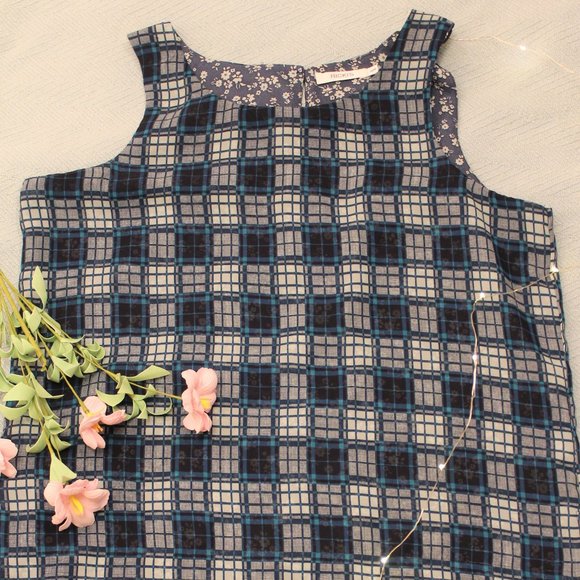 RICKIS Reversible Sleeveless Tunic Top Blue Plaid Floral Pattern - Picture 1 of 8